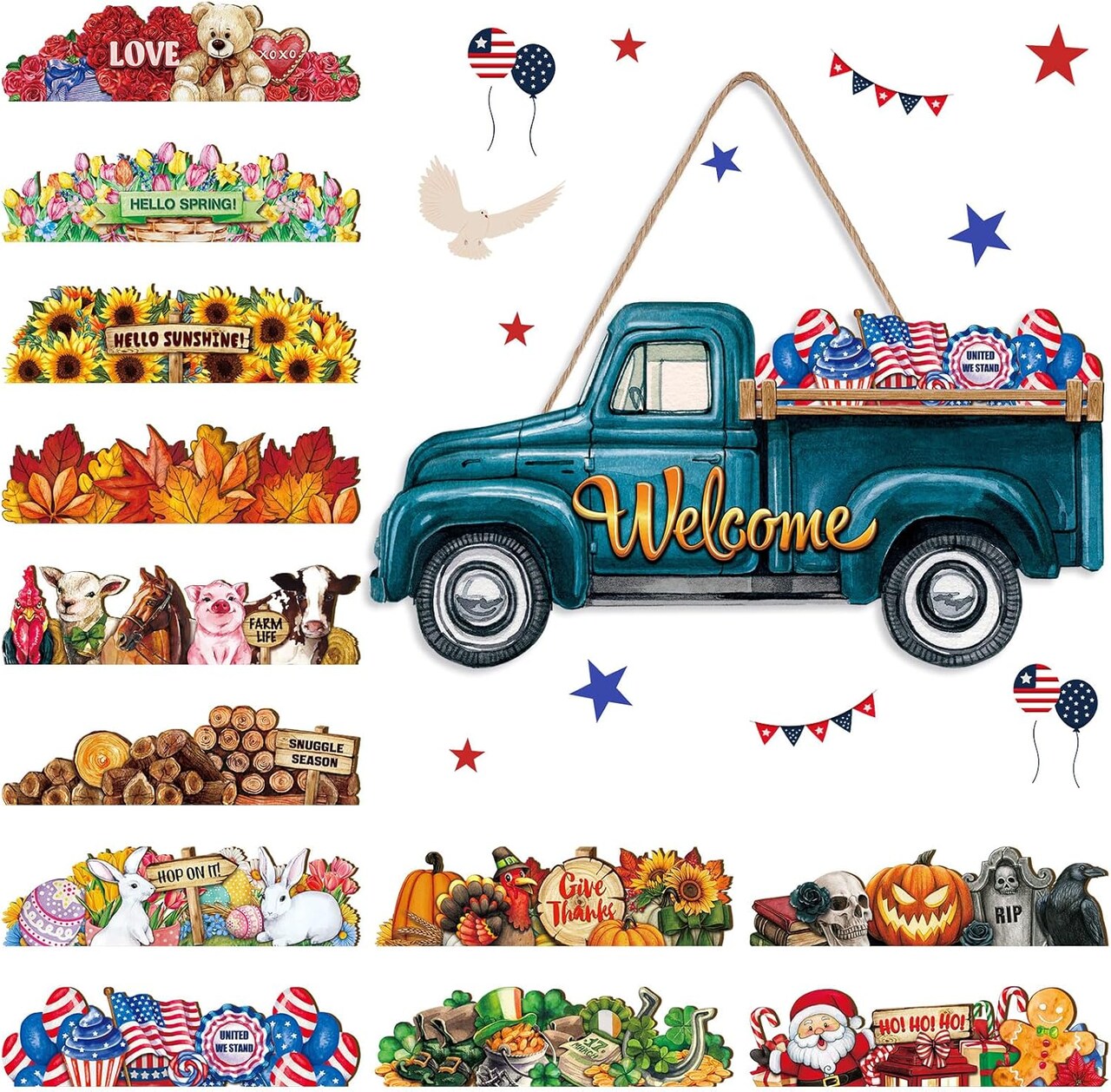Interchangeable Welcome Sign Summer Truck Decor Seasonal Door Signs with 12 Holiday Icons (Blue)